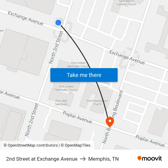 2nd Street at Exchange Avenue to Memphis, TN map