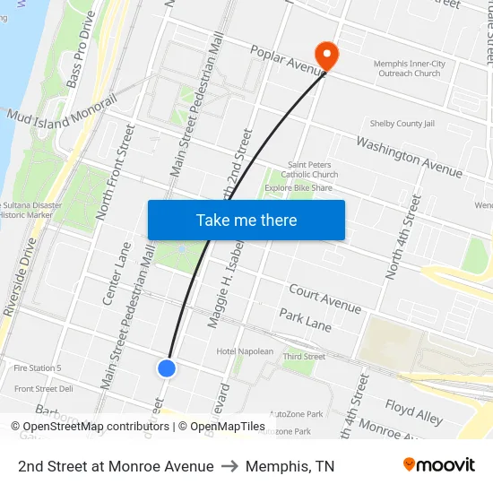 2nd Street at Monroe Avenue to Memphis, TN map