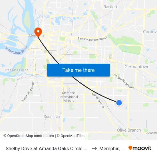 Shelby Drive at Amanda Oaks Circle West to Memphis, TN map