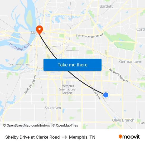 Shelby Drive at Clarke Road to Memphis, TN map