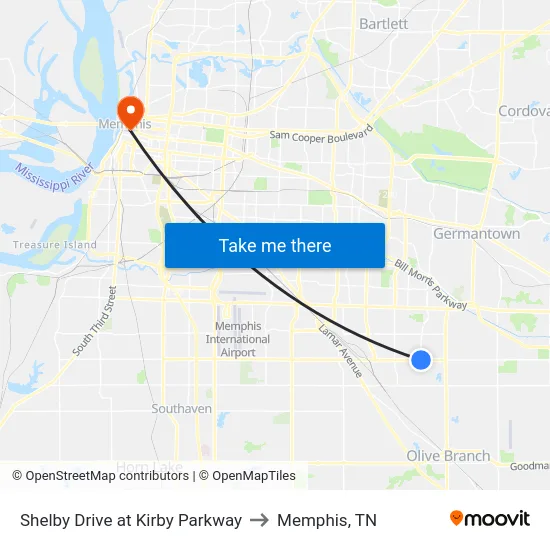 Shelby Drive at Kirby Parkway to Memphis, TN map