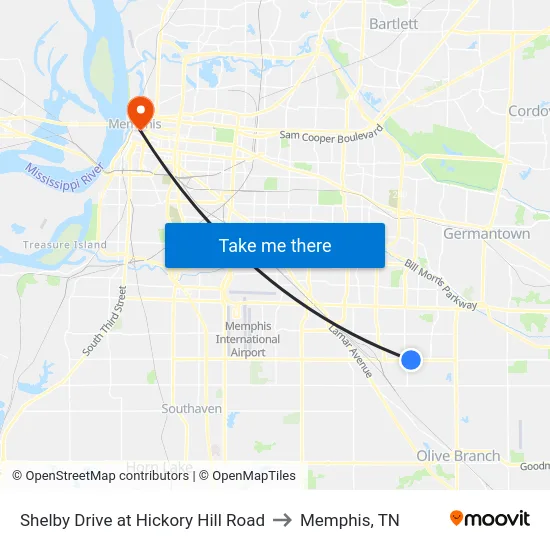 Shelby Drive at Hickory Hill Road to Memphis, TN map