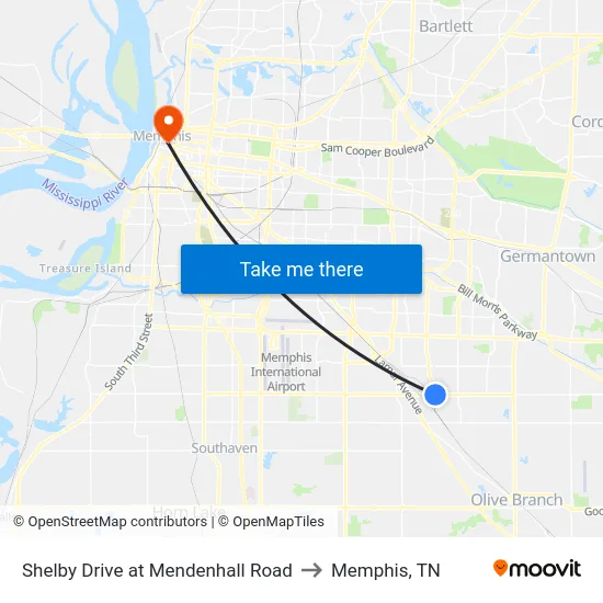 Shelby Drive at Mendenhall Road to Memphis, TN map
