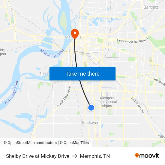 Shelby Drive at Mickey Drive to Memphis, TN map