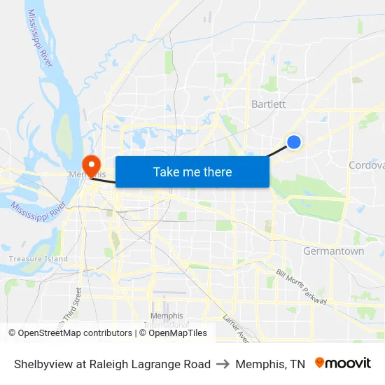 Shelbyview at Raleigh Lagrange Road to Memphis, TN map
