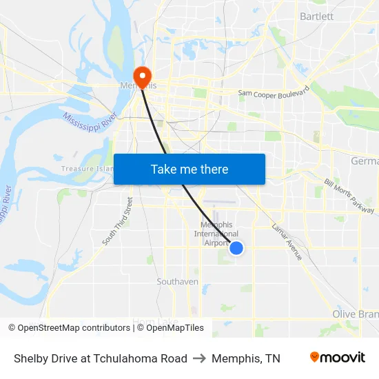 Shelby Drive at Tchulahoma Road to Memphis, TN map