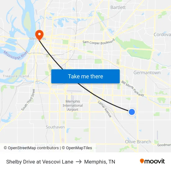 Shelby Drive at Vescovi Lane to Memphis, TN map