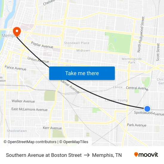 Southern Avenue at Boston Street to Memphis, TN map