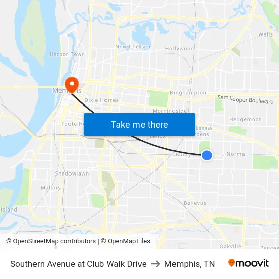 Southern Avenue at Club Walk Drive to Memphis, TN map