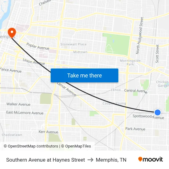 Southern Avenue at Haynes Street to Memphis, TN map