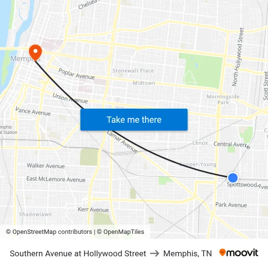 Southern Avenue at Hollywood Street to Memphis, TN map