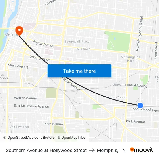 Southern Avenue at Hollywood Street to Memphis, TN map