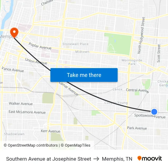 Southern Avenue at Josephine Street to Memphis, TN map