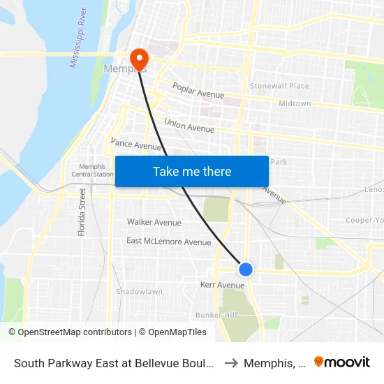 South Parkway East at Bellevue Boulevard to Memphis, TN map