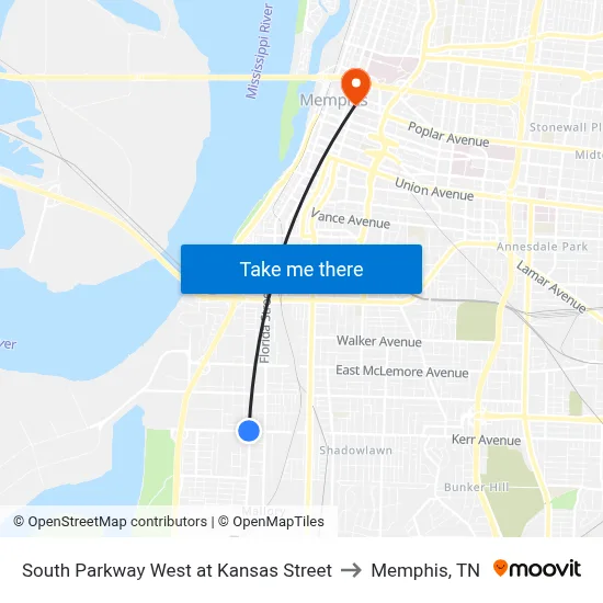 South Parkway West at Kansas Street to Memphis, TN map
