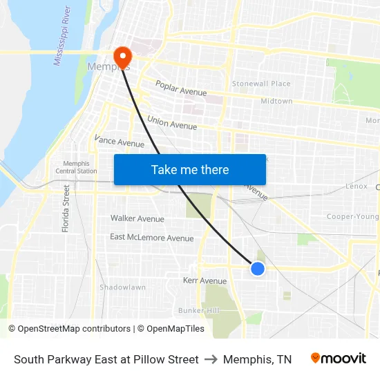 South Parkway East at Pillow Street to Memphis, TN map