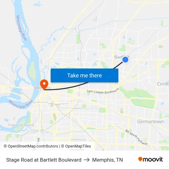 Stage Road at Bartlett Boulevard to Memphis, TN map