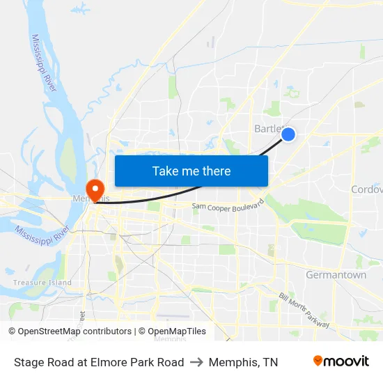Stage Road at Elmore Park Road to Memphis, TN map