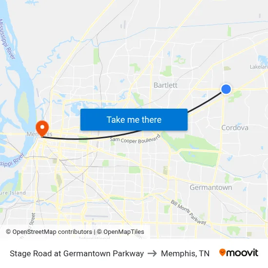 Stage Road at Germantown Parkway to Memphis, TN map