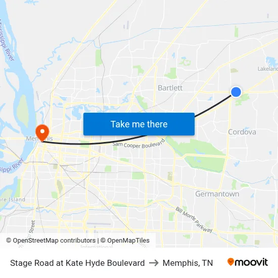 Stage Road at Kate Hyde Boulevard to Memphis, TN map