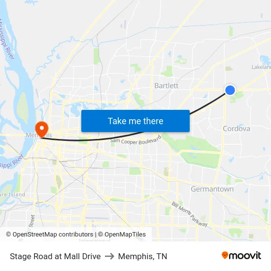 Stage Road at Mall Drive to Memphis, TN map