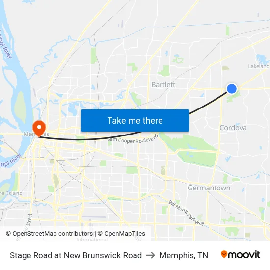 Stage Road at New Brunswick Road to Memphis, TN map