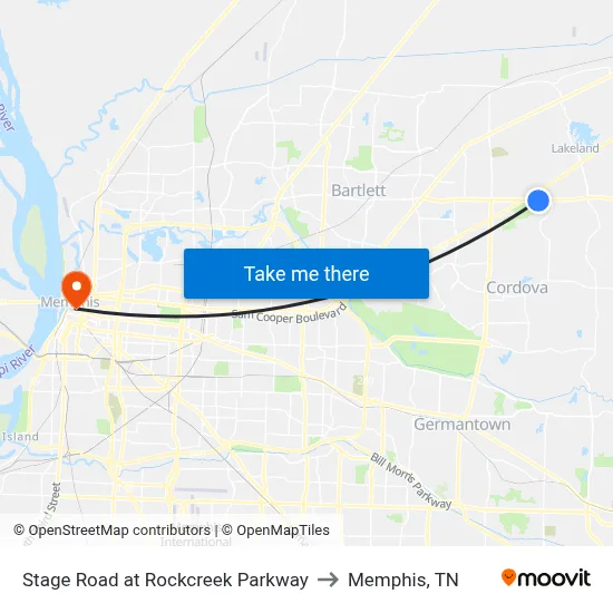 Stage Road at Rockcreek Parkway to Memphis, TN map