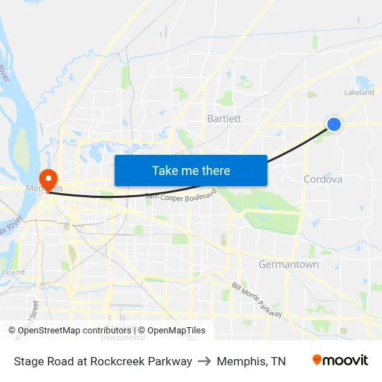 Stage Road at Rockcreek Parkway to Memphis, TN map