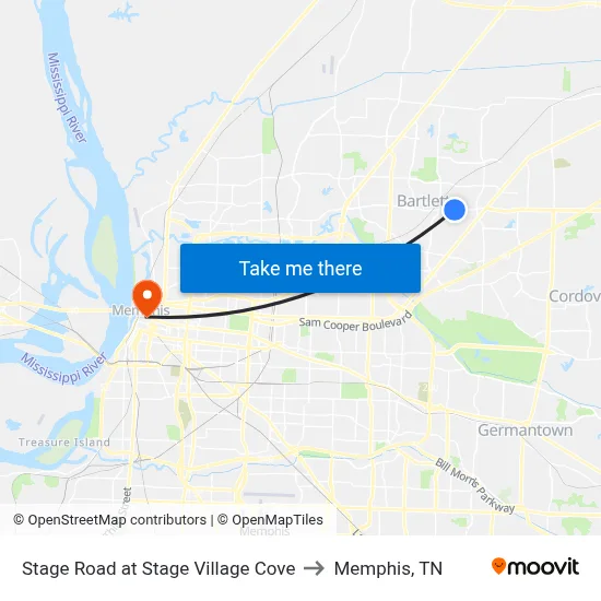 Stage Road at Stage Village Cove to Memphis, TN map