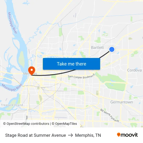 Stage Road at Summer Avenue to Memphis, TN map