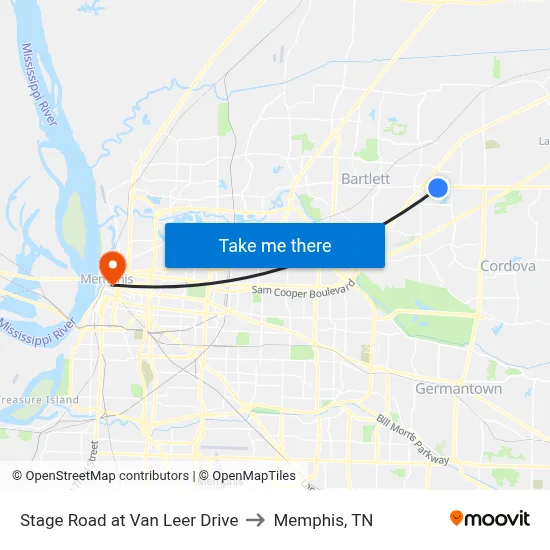 Stage Road at Van Leer Drive to Memphis, TN map