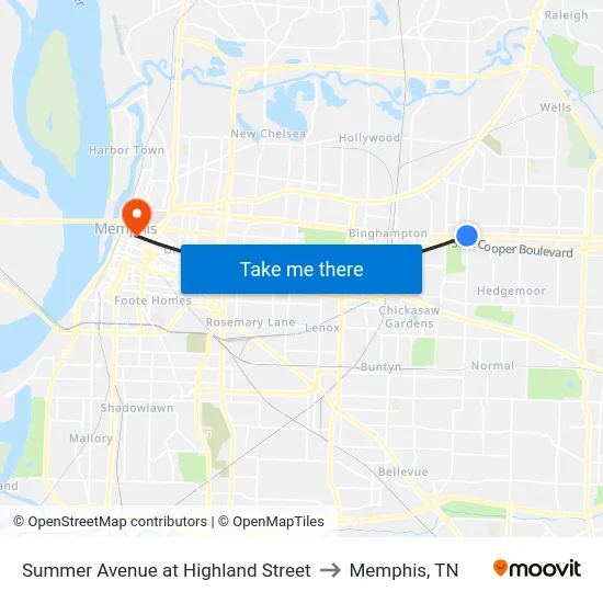 Summer Avenue at Highland Street to Memphis, TN map