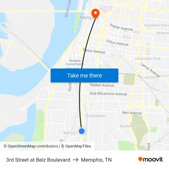 3rd Street at Belz Boulevard to Memphis, TN map
