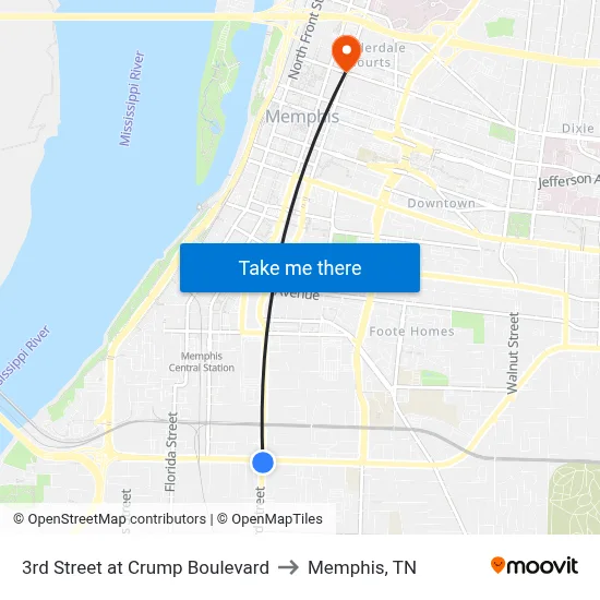 3rd Street at Crump Boulevard to Memphis, TN map