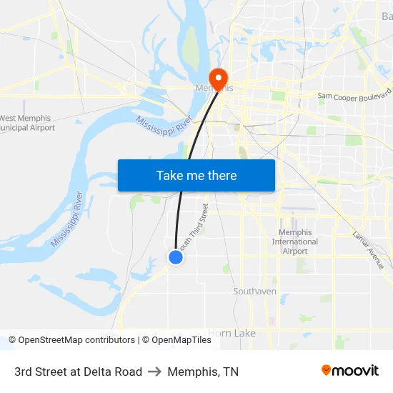 3rd Street at Delta Road to Memphis, TN map
