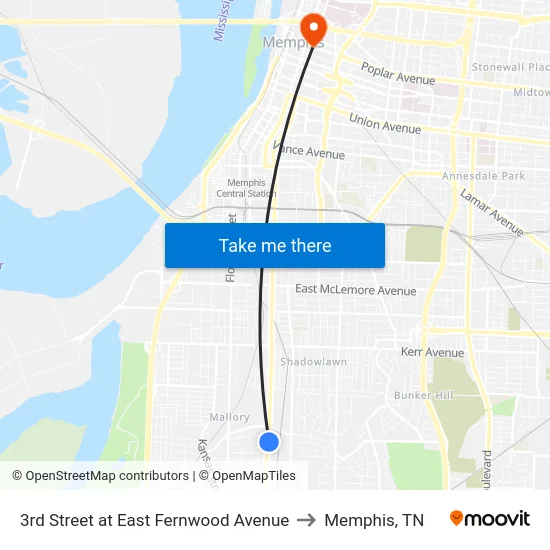 3rd Street at East Fernwood Avenue to Memphis, TN map