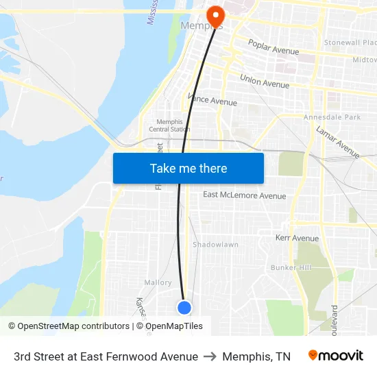 3rd Street at East Fernwood Avenue to Memphis, TN map