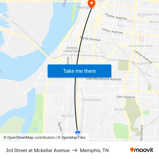 3rd Street at Mckellar Avenue to Memphis, TN map