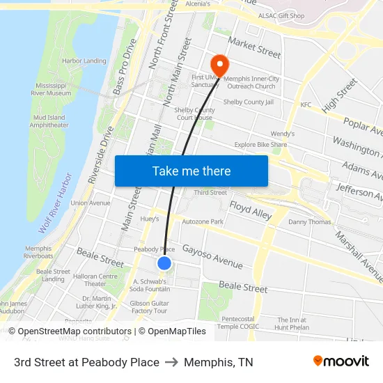 3rd Street at Peabody Place to Memphis, TN map