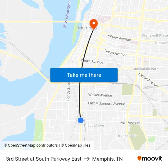 3rd Street at South Parkway East to Memphis, TN map