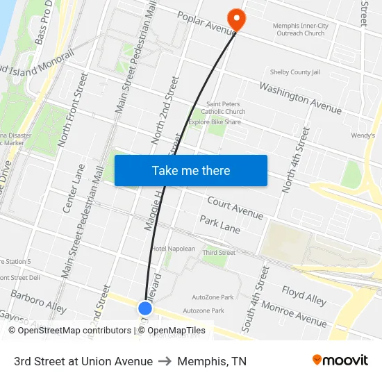 3rd Street at Union Avenue to Memphis, TN map