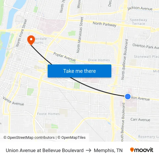 Union Avenue at Bellevue Boulevard to Memphis, TN map