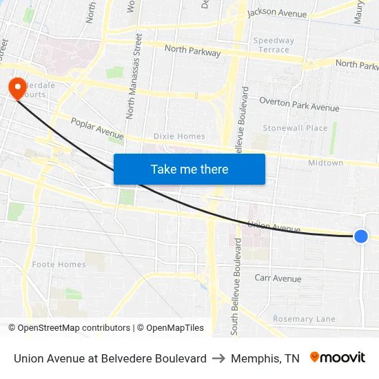 Union Avenue at Belvedere Boulevard to Memphis, TN map
