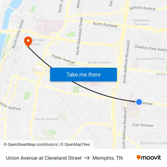 Union Avenue at Cleveland Street to Memphis, TN map