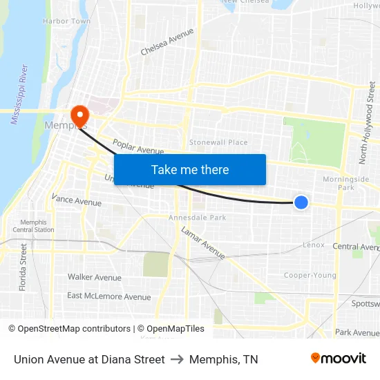 Union Avenue at Diana Street to Memphis, TN map