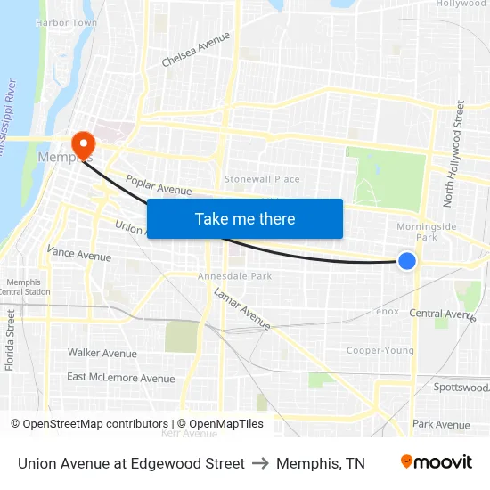 Union Avenue at Edgewood Street to Memphis, TN map
