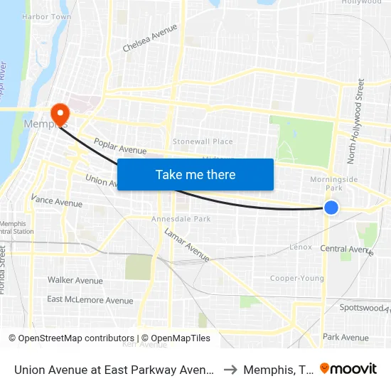 Union Avenue at East Parkway Avenue to Memphis, TN map