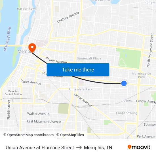 Union Avenue at Florence Street to Memphis, TN map