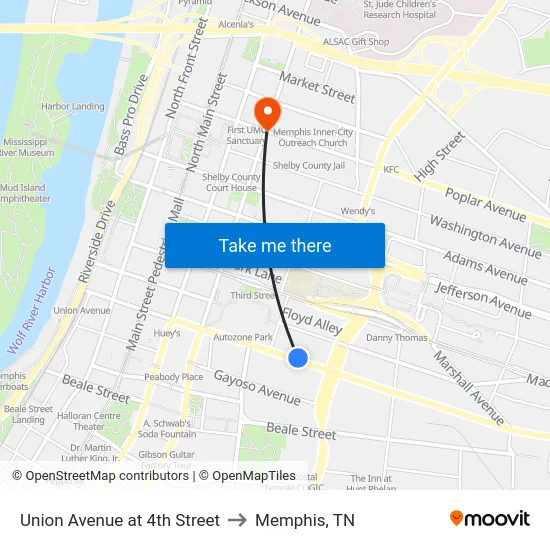 Union Avenue at 4th Street to Memphis, TN map