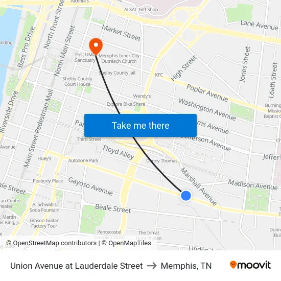 Union Avenue at Lauderdale Street to Memphis, TN map